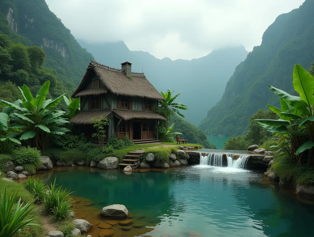 crooked Camouflage house on a mountain  And a pond with waterfall  near banana plants  4K resolution wide-angle shots