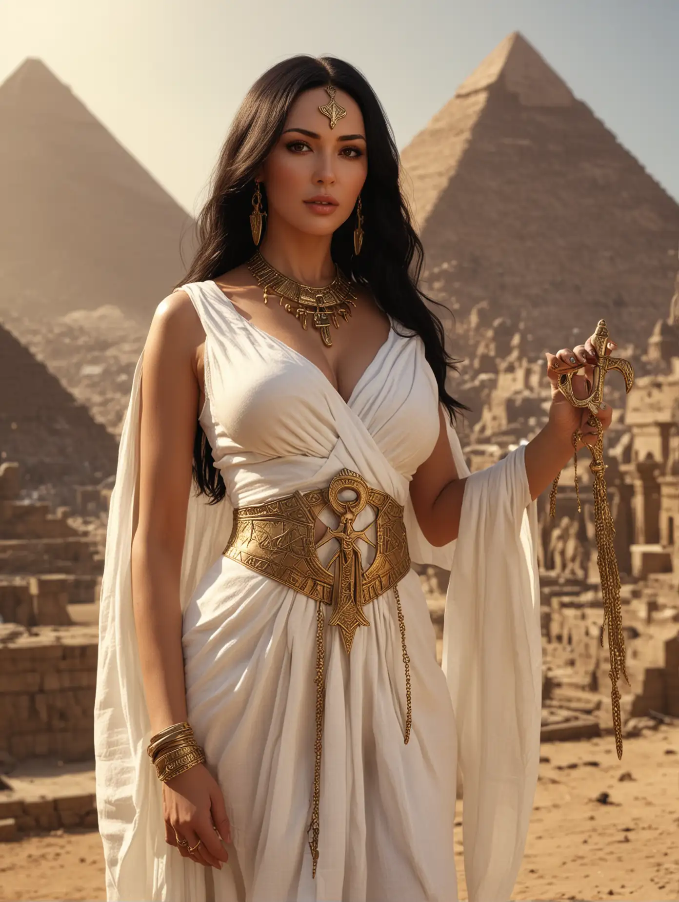 Egyptian-Goddess-Standing-by-Pyramids-with-Ankh-Symbol