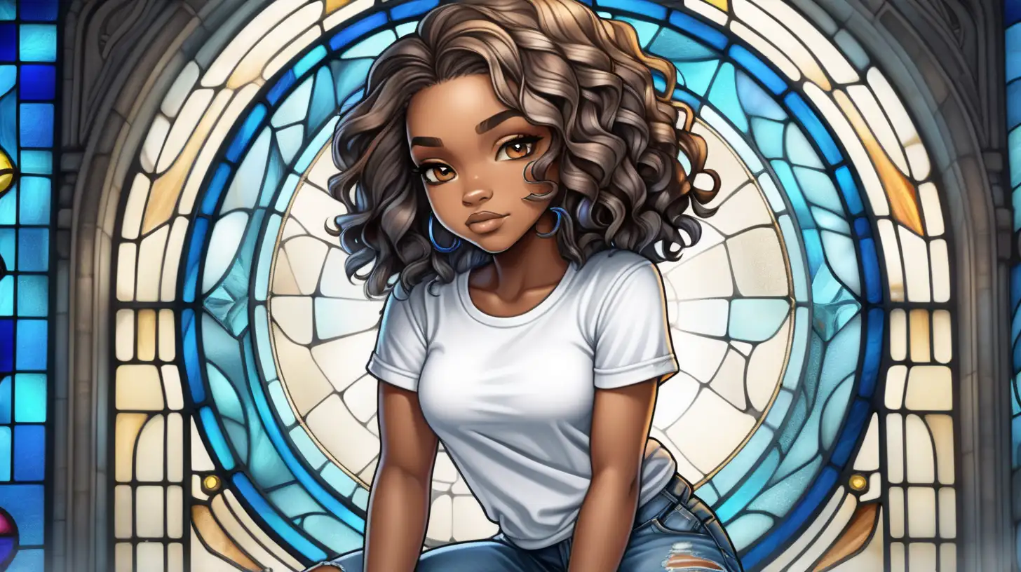 Chibi Style African American Woman in Ripped Jeans on Blue Stained Glass Background