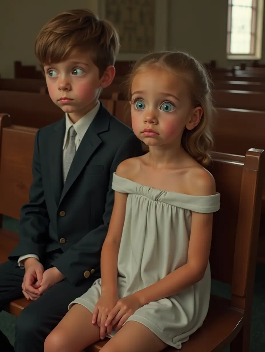 Skinny-Girl-in-Strapless-Minidress-Sitting-Beside-Boy-in-Empty-Church