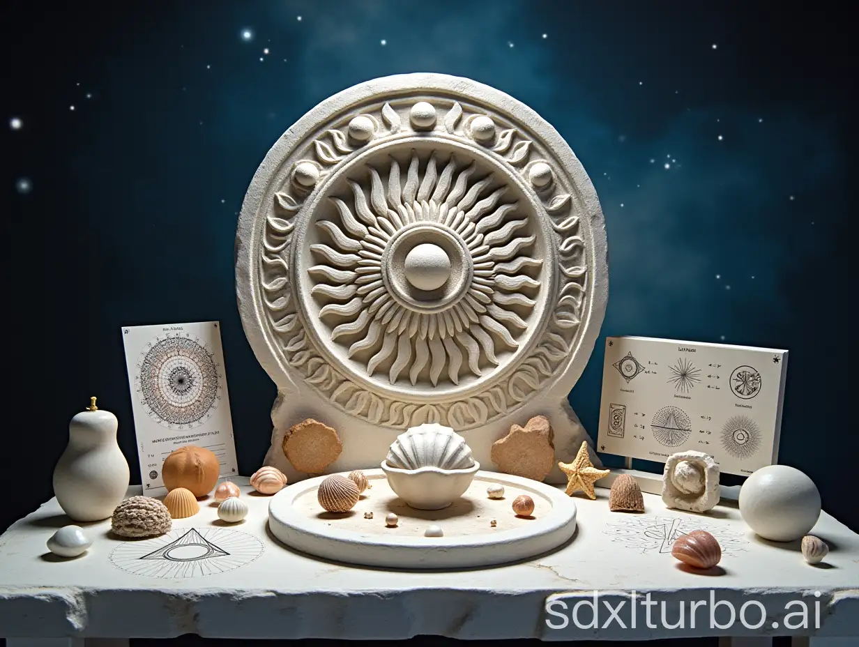 a carved white stone table altar with sun mandalas carvings, polyhedra, seashells on the table, papers and posters with mandalas et formulas, pictures of fractals, starry sky in the background, high precision