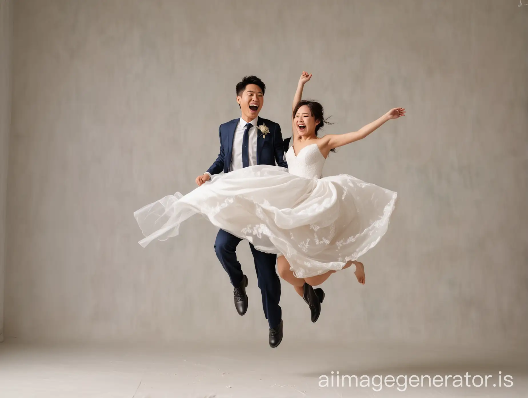 Ecstatic-Asian-Couple-Joyfully-Leaping-in-Wedding-Dress