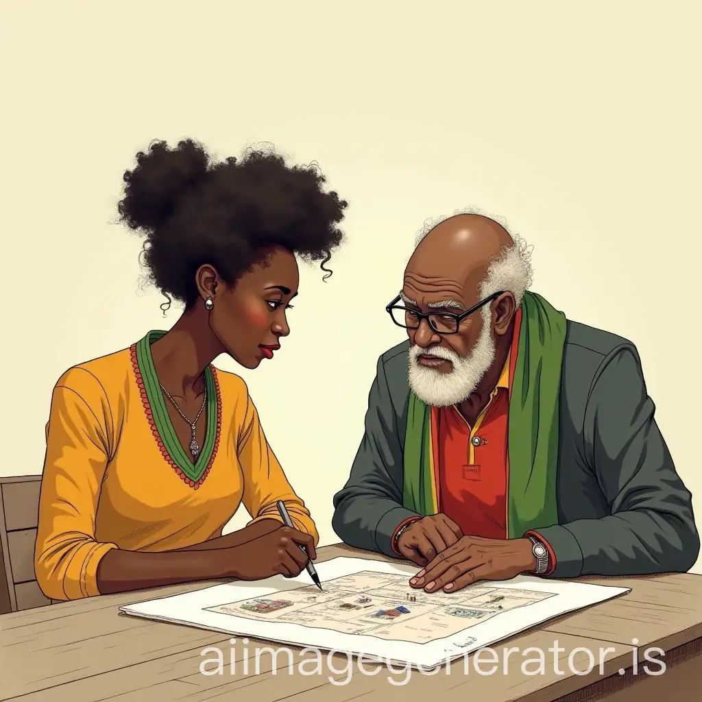 animated drawing . A young Afro woman architect. An elderly gentleman representing local authority with a scarf on his torso representing the colors of Cameroon green, red and yellow. on a table talks about the lady's project. both must look at the project. a distance must exist between them