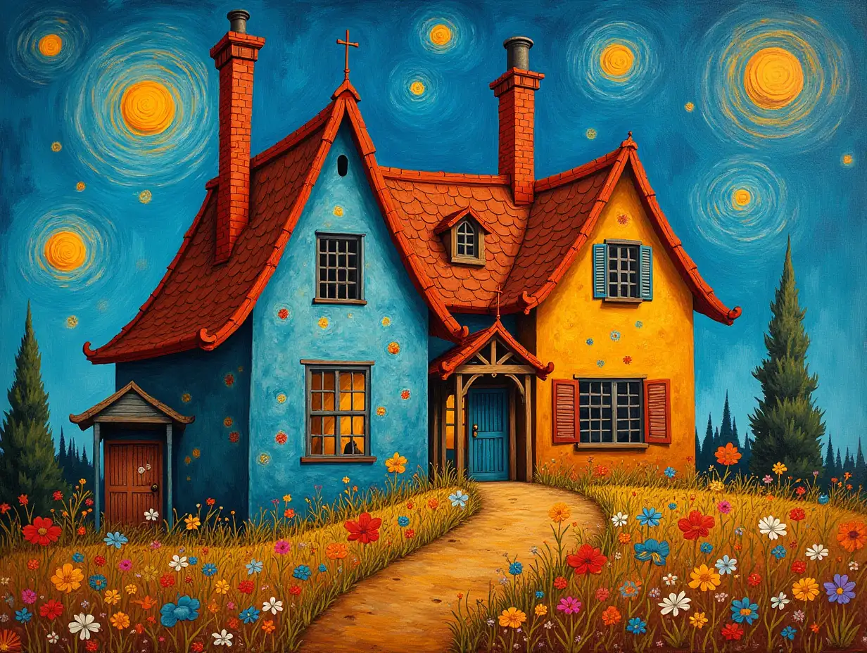 home, in the style of Salvador Dali, intricate detail, in the style of Vincent Van Gogh