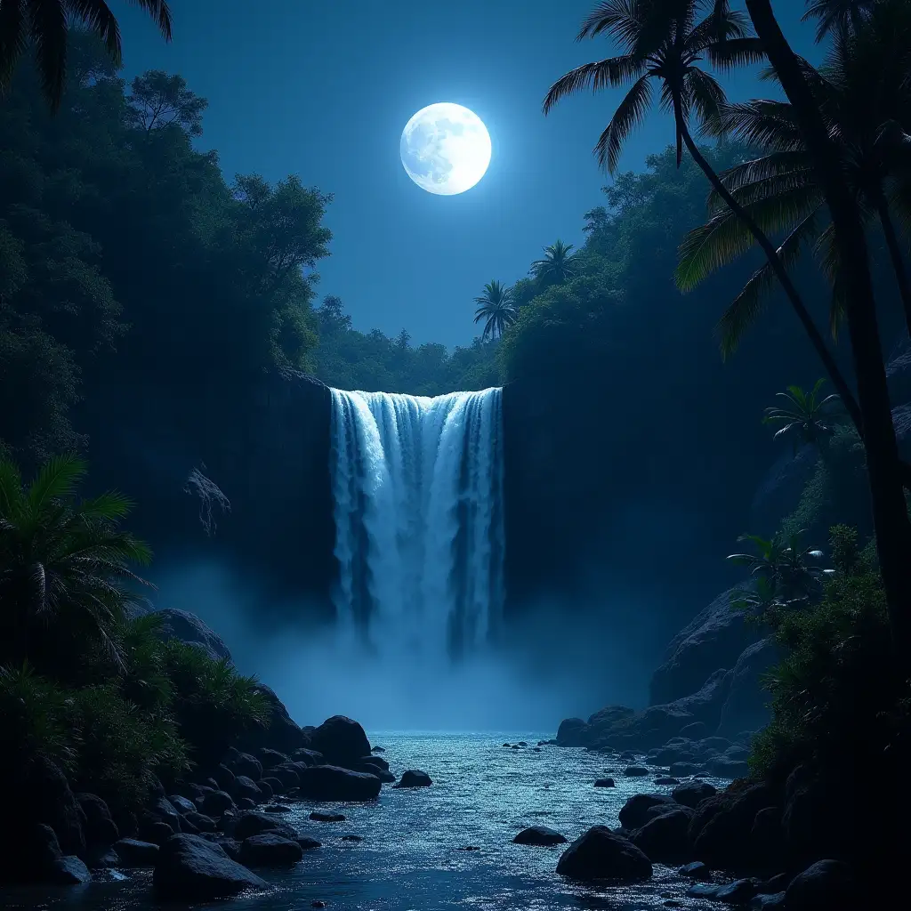 a waterfall at night, moon shining bright, tropical vegetation around