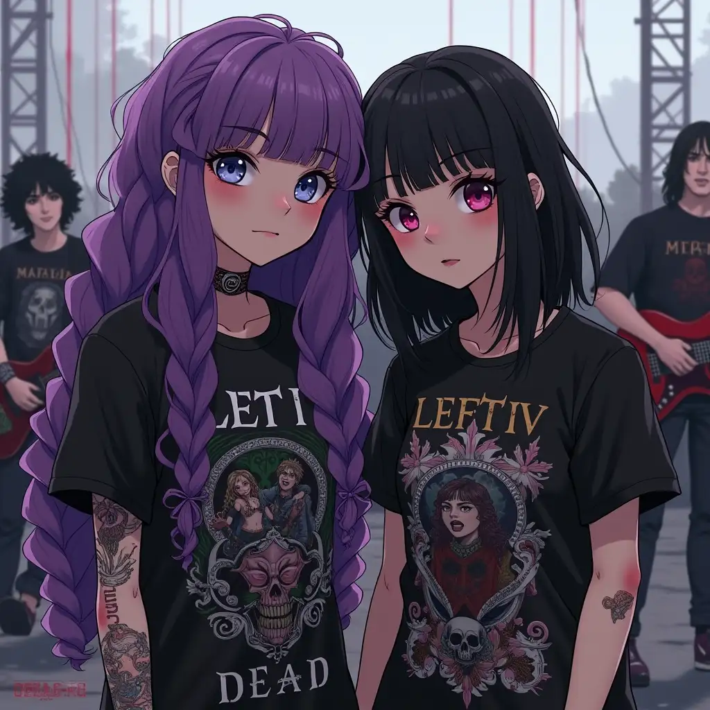 2 girls,one girl is 40 years old,other girl is 16 years old, both dressed death metal ,with band t-shirt that says, Left IV Dead, one girl has long purple curly hair with one braid on left side of hair , the other short length black curly hair, girl with purple hair has tattoos of anime characters on neck,arms,legs, hands, and there are 4 men in background, one playing drums, while another one is singing, another man is playing bass, the other is playing guitar,outside at a concert,blood raining from sky, no tattoos on 16 year old girl