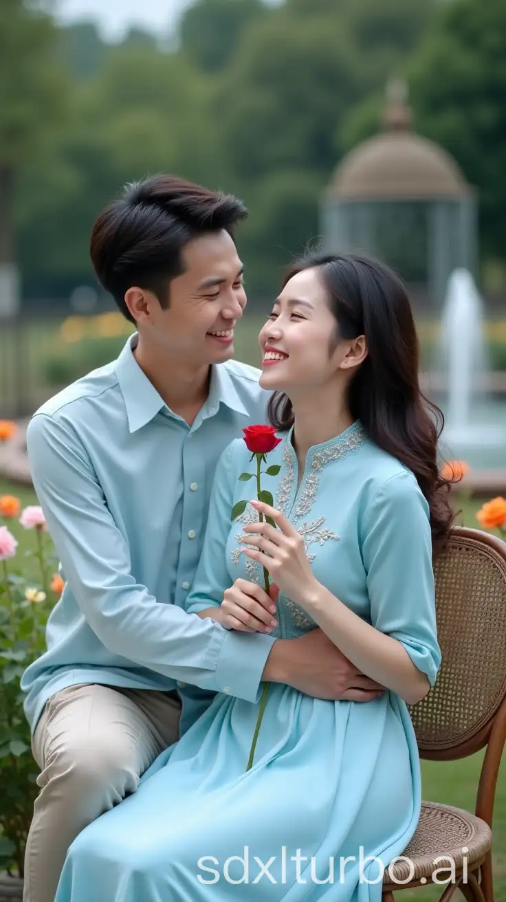 Romantic-Korean-Couple-with-Red-Rose-in-Garden-Setting