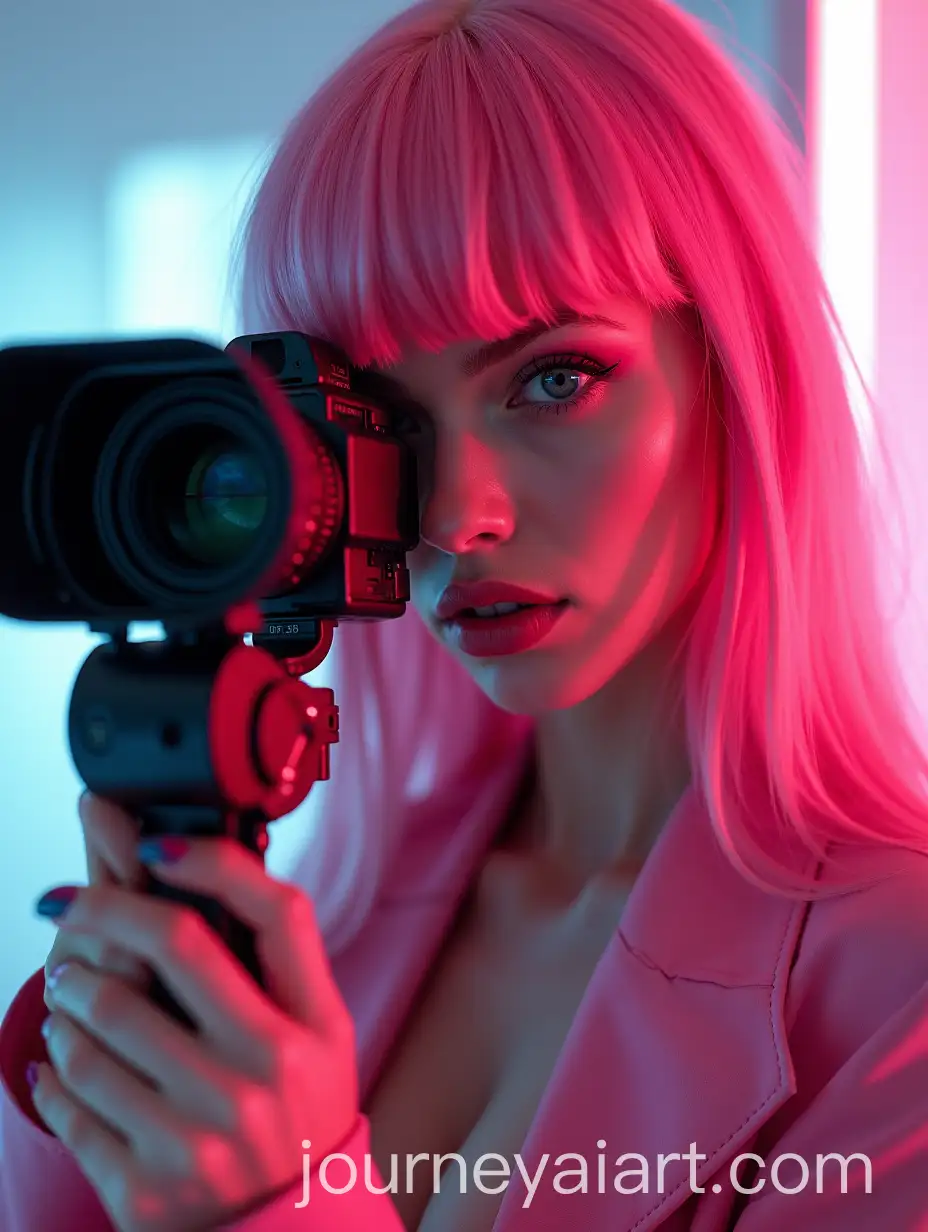 Futuristic-Fashion-Model-with-Pink-Hair-and-Movie-Camera