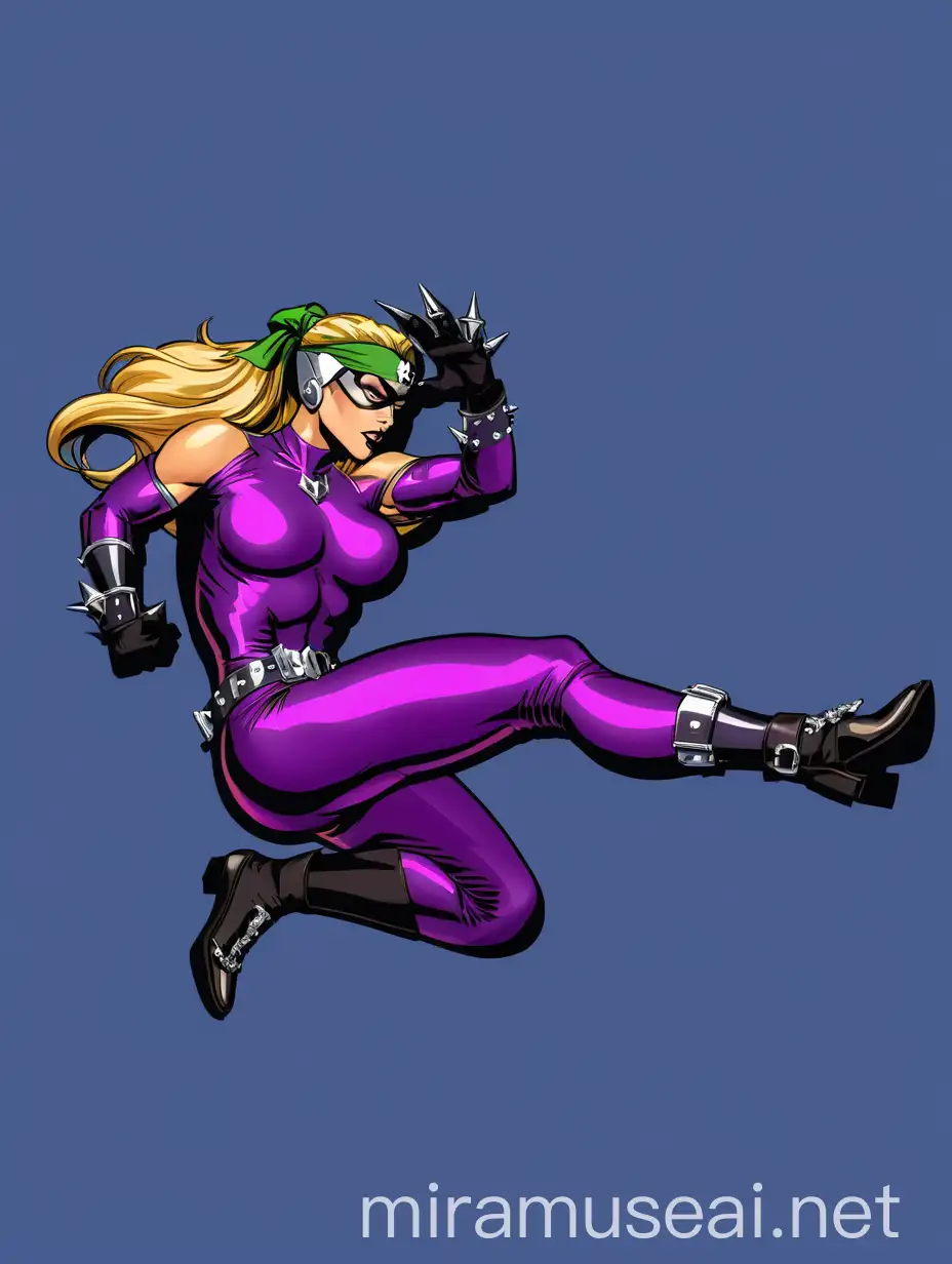 Powerful Woman in Shiny Purple Bodysuit Performing a Flying Kick