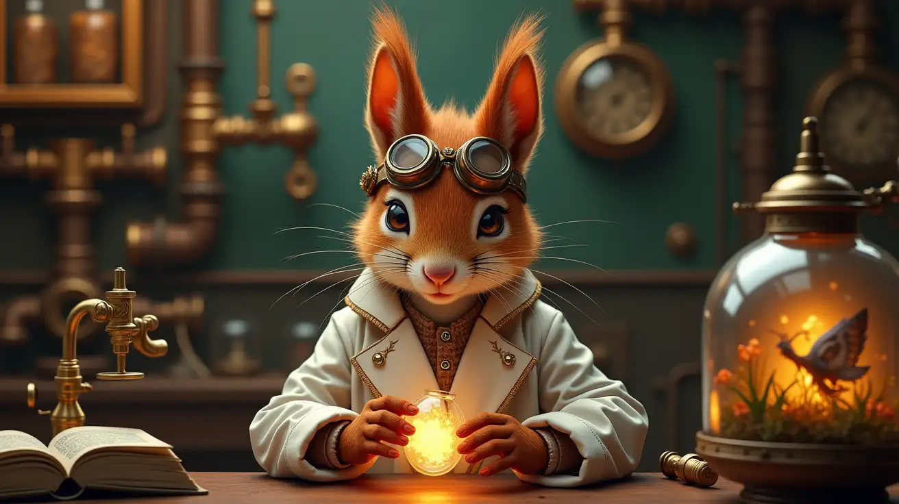 Steampunk-Red-Squirrel-Biology-Lab-Technician-Examining-Glowing-Vial