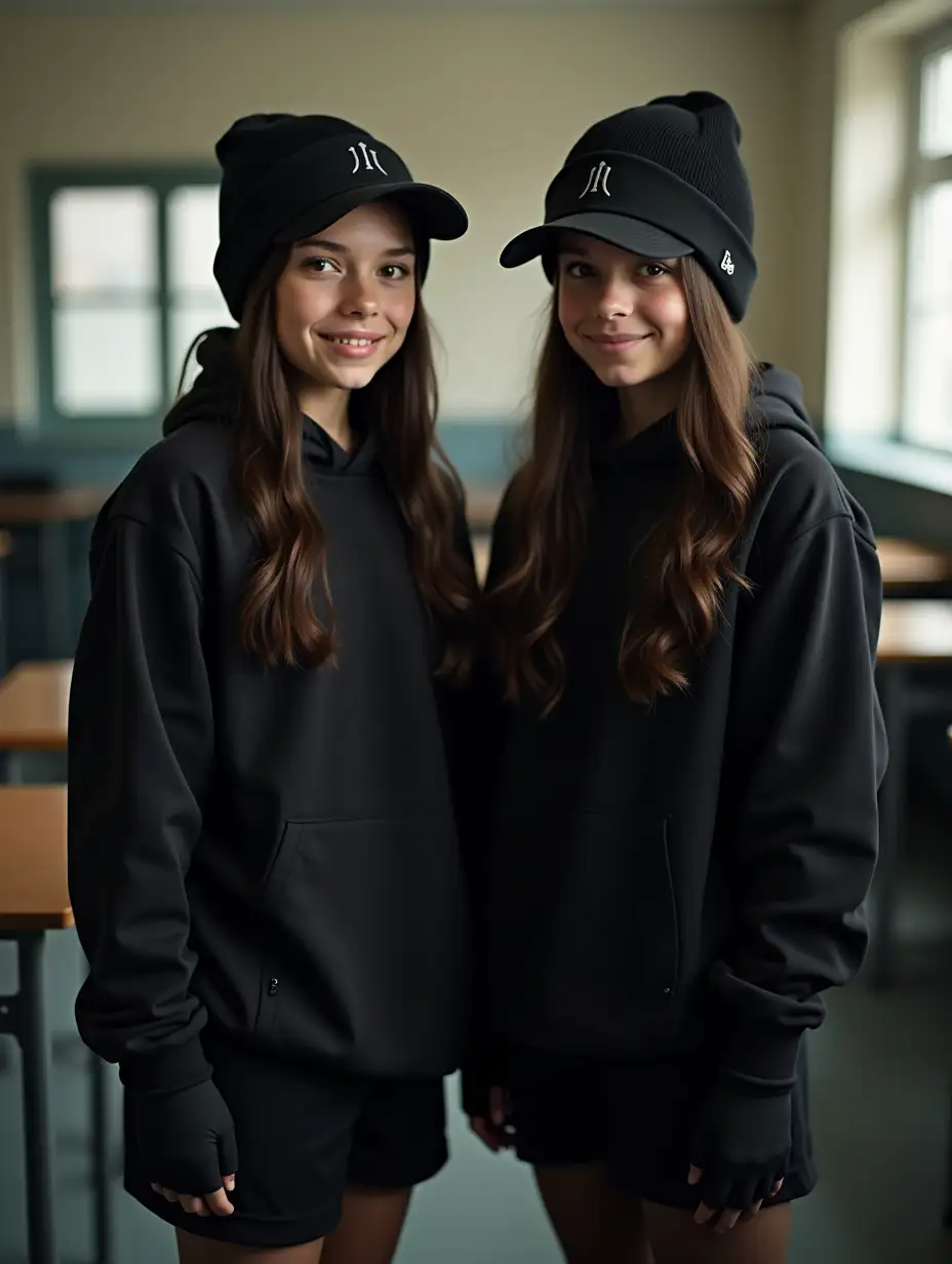 two 14 year old girls standing in a school classroom, vastly covered, wearing black school uniforms designed for sports, gloves, beanies merged with baseball caps