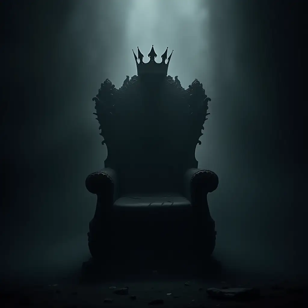 throne of shadows on a background shrouded in shadowy mist, on the throne lies a royal crown