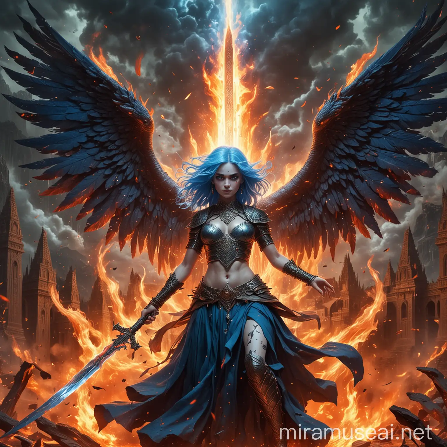 Goddess Empresses with Blue Hair and Eyes Commanding Fire Sword Attack