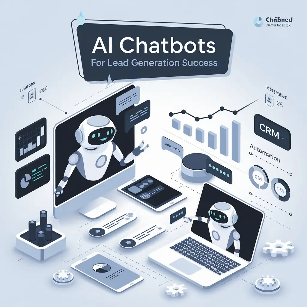 A visually engaging image showcasing AI-powered chatbots driving lead generation for businesses. The scene shows chatbots in a digital environment, interacting with customers through chat interfaces on various devices (smartphones, laptops, tablets), generating leads and providing personalized responses. The background features icons and graphs representing data analytics, automation, and CRM integration. The title on the image reads 'AI Chatbots for Lead Generation Success' in a sleek, modern font placed at the top, with a tech-inspired design, highlighting efficiency and innovation in corporate blue and white tones, with a clean, modern design.