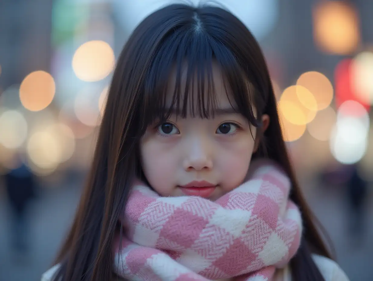 A Japanese school girl with long, straight hair is wearing a white and pink checkered scarf. super slim face, super soft focus. The background features blurred lights, indicating an outdoor setting, possibly in the evening or in a cityscape. The scarf's pattern and the lighting add visual interest to the image, creating a cozy and stylish atmosphere.