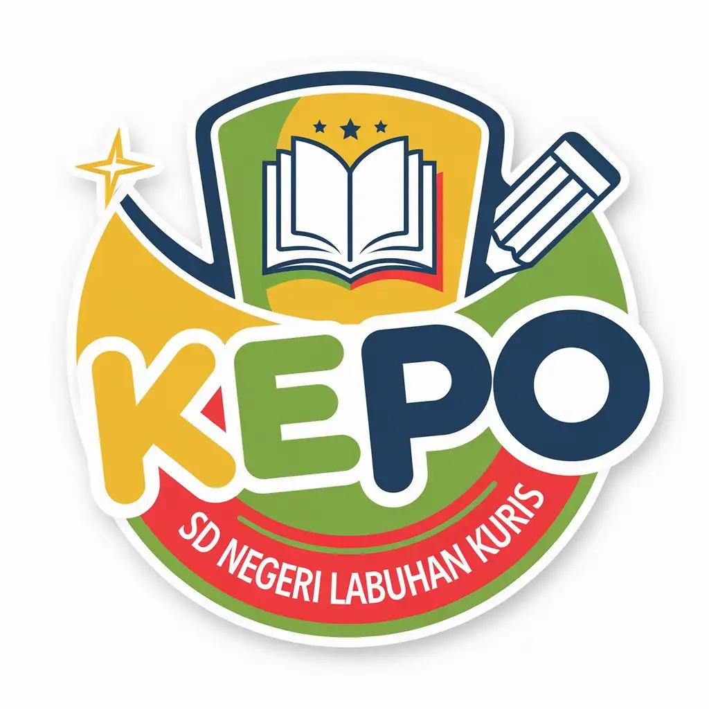 a vector logo design,with the text "KEPO", main symbol:Shape: Circle as a symbol of unity and community. Color: Use bright colors like yellow, green, and red to reflect positive energy and children's spirit. Symbolic Elements: Add an open book icon to represent learning and knowledge. You can also add elements such as a pencil or stars to symbolize creativity and achievement. Text: In the middle, text 'SD Negeri Labuhan Kuris' with clear and fun font. Use green or blue color to give an impression of eco-friendly education.,complex,clear background