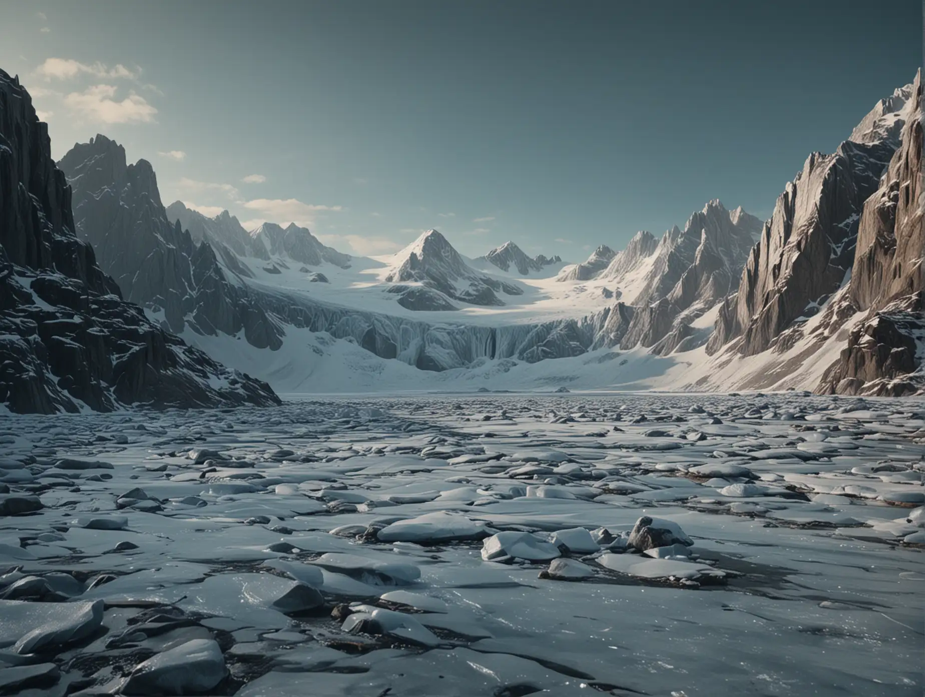 establishing shot of icy mountainous landscape