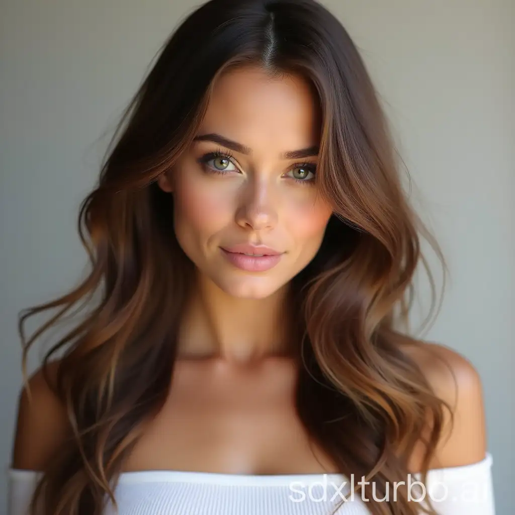 Portrait-of-a-Beautiful-Woman-with-Long-Brown-Hair-and-White-Top