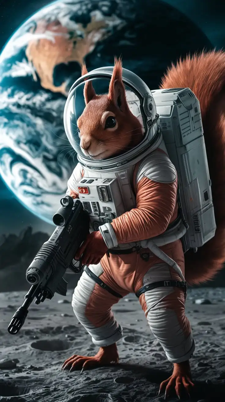 Dangerous-Red-Squirrel-in-Space-Suit-Holding-Gun-on-the-Moon-with-Earth-in-Background