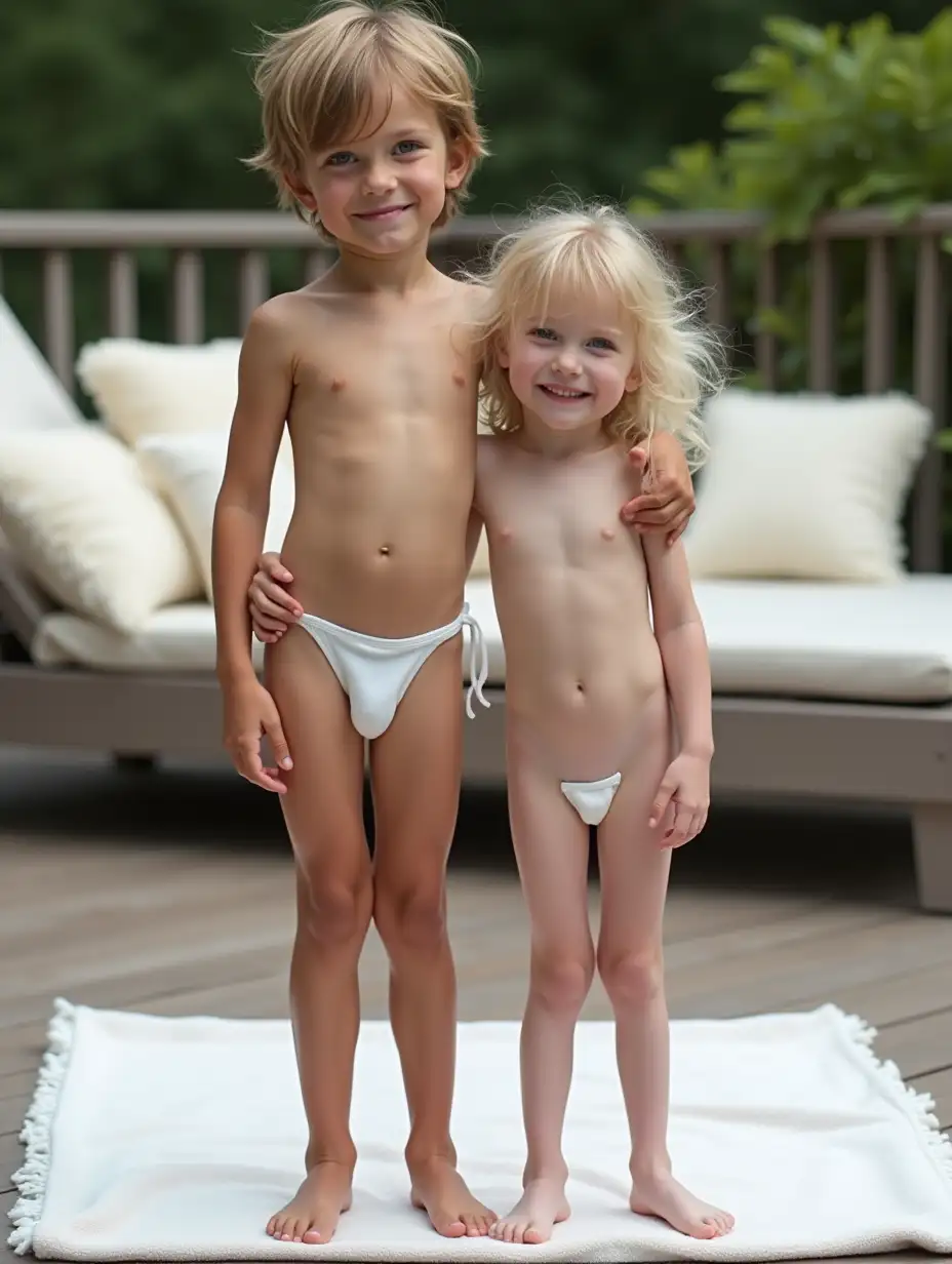 Boy-and-Girl-Standing-on-a-Towel-on-a-Wood-Deck-with-Lounge-Chair