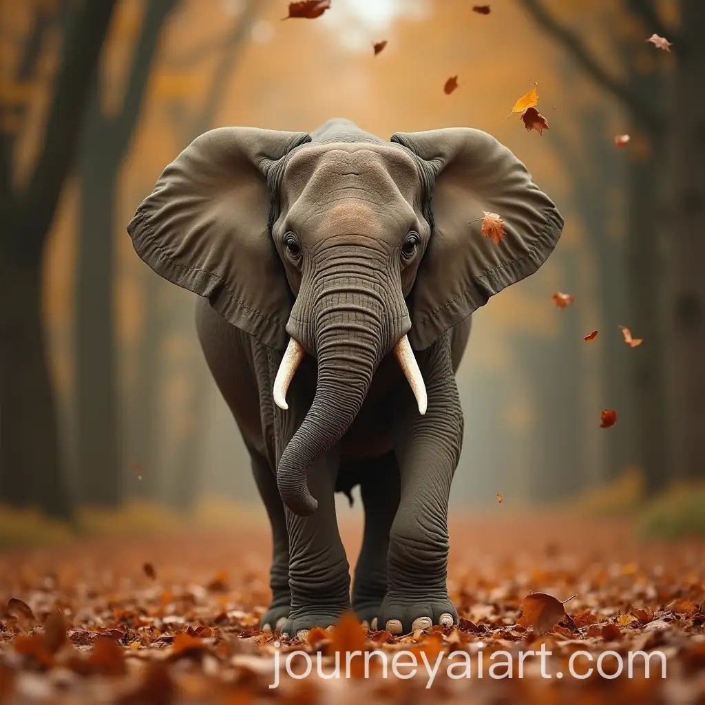 Elephant-on-a-Falling-Tree-Leaf-in-Autumn-Forest
