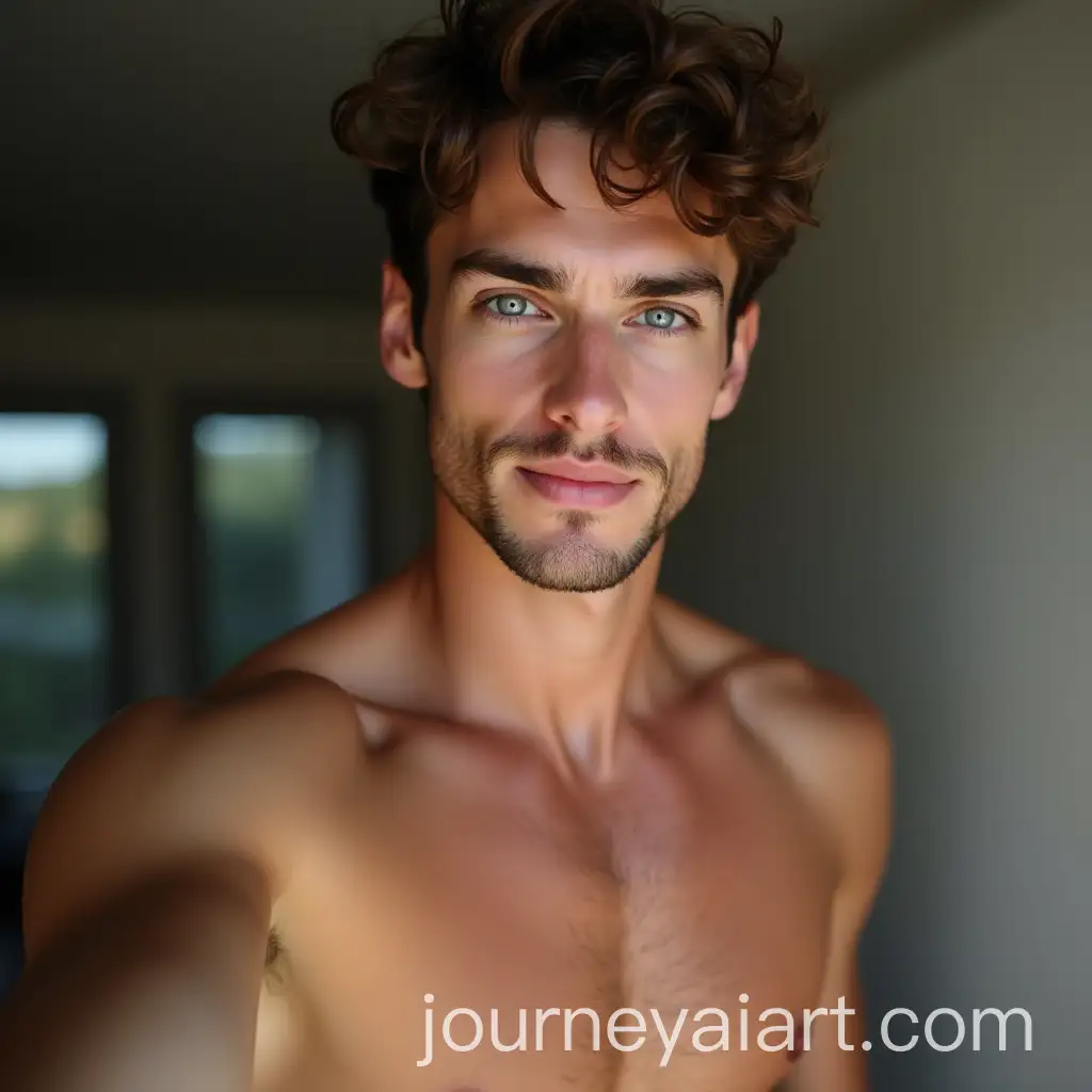 Brunette-Male-Model-with-Blue-Eyes-Taking-a-Selfie-in-Aesthetic-Style