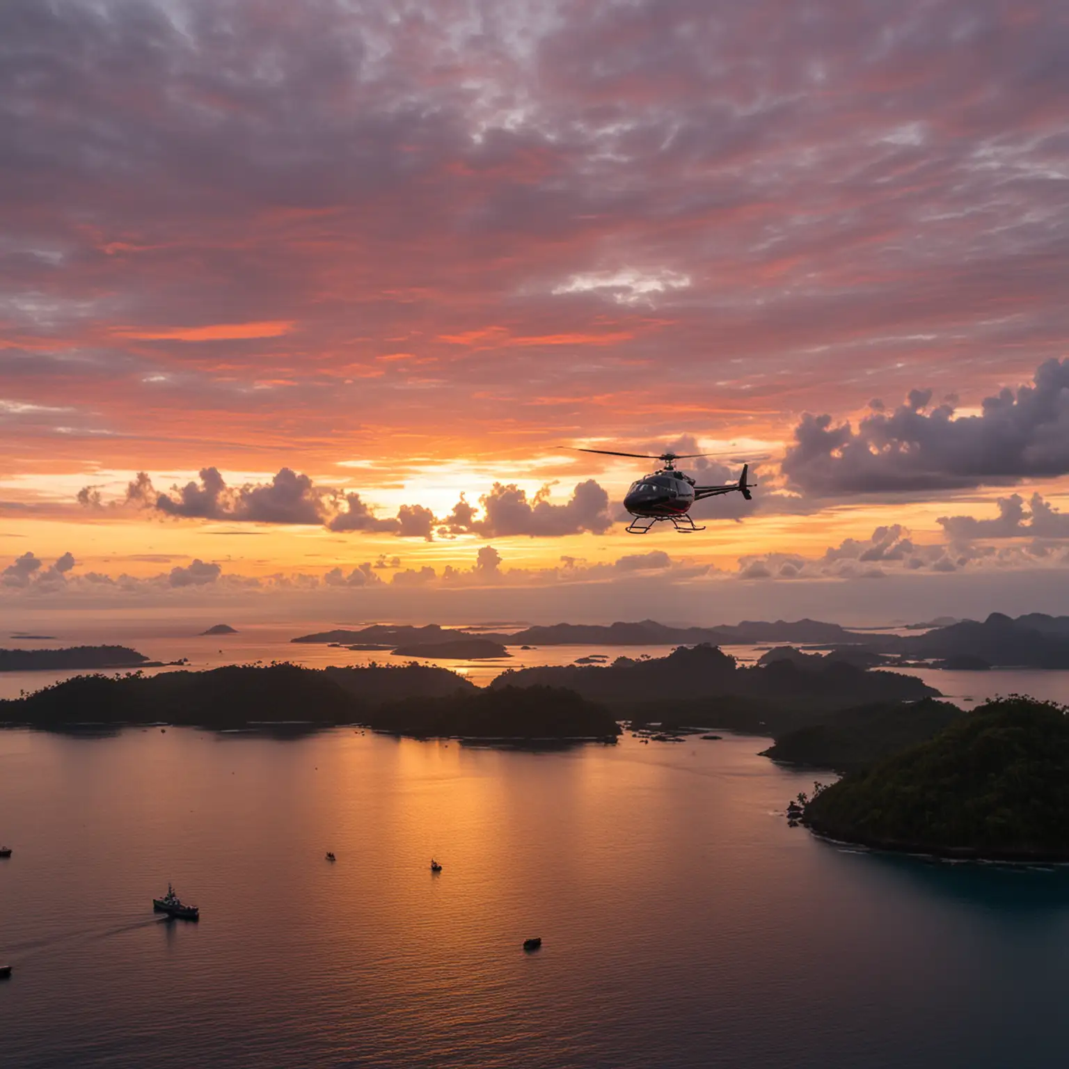 Helicopter flies over the islands of Indonesia. Sunrise