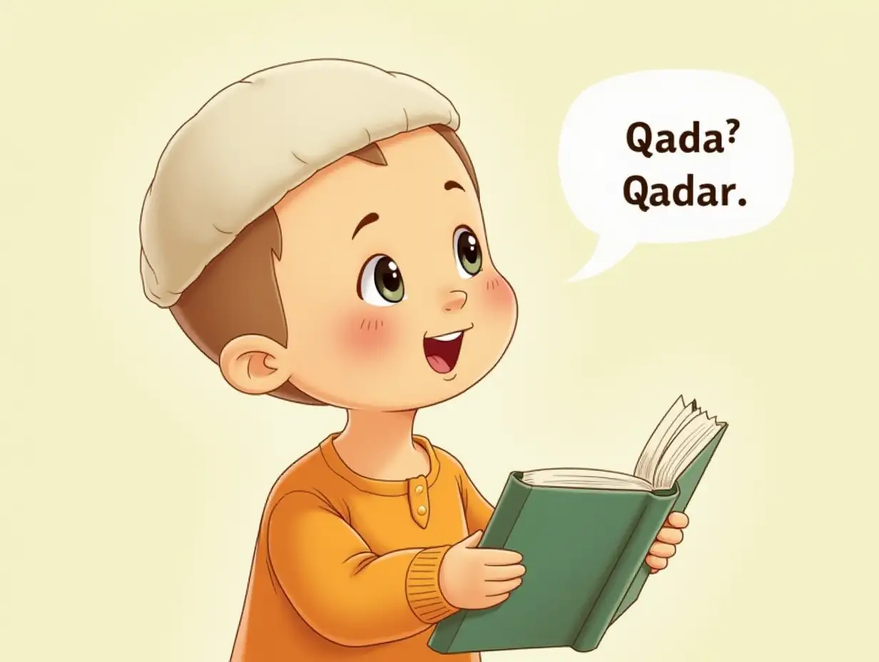 An illustration of a child holding a book and asking about the meaning of qada' and qadar.