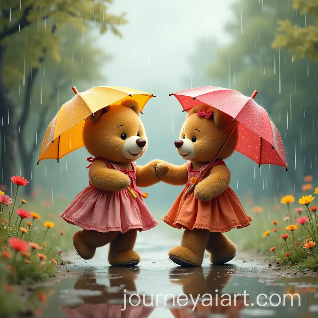Two-Teddy-Bears-Dancing-in-the-Rain-Under-Umbrellas