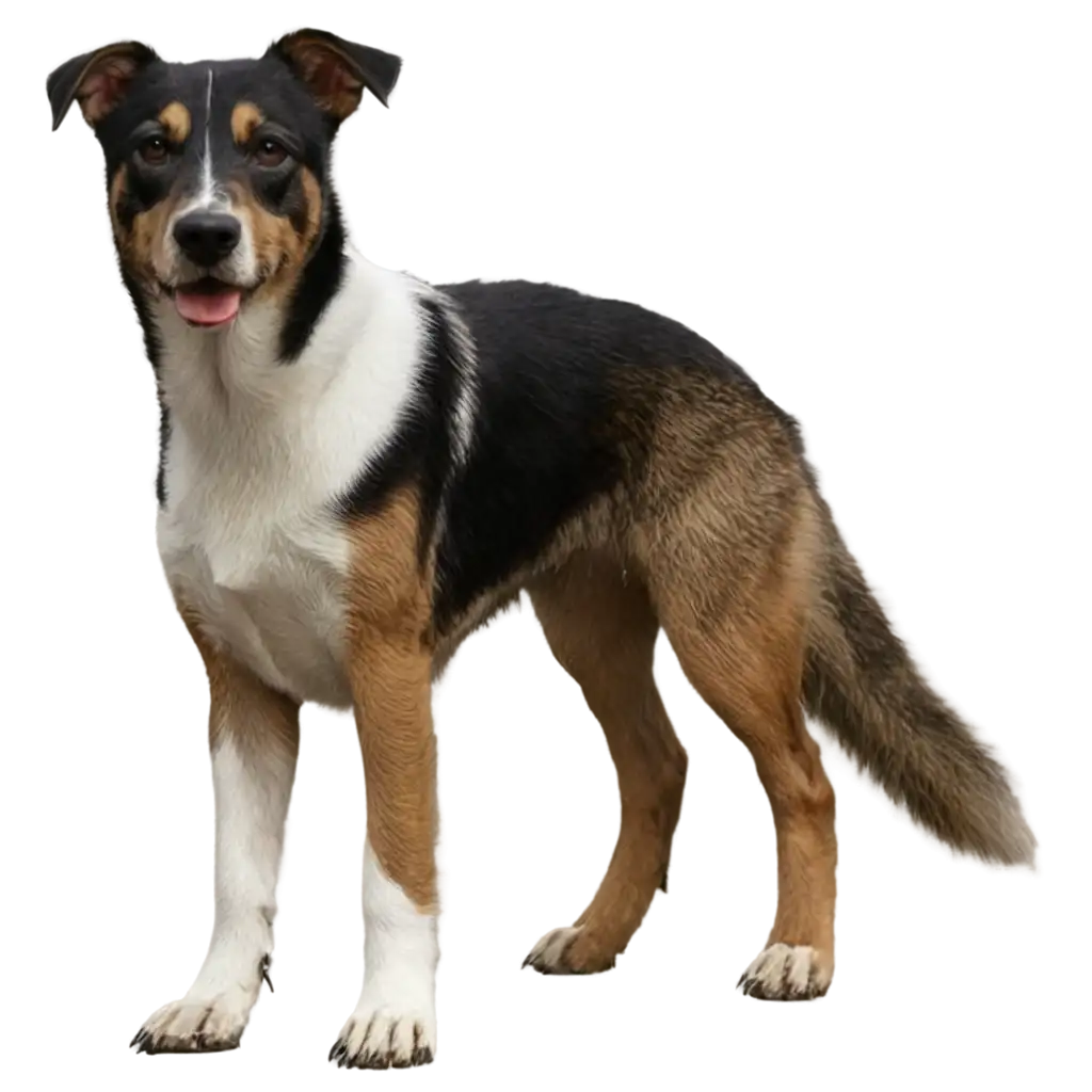 tri color mixed breed mongrel, white, brown, black, male dog. Alert, pointed ears. Realistic