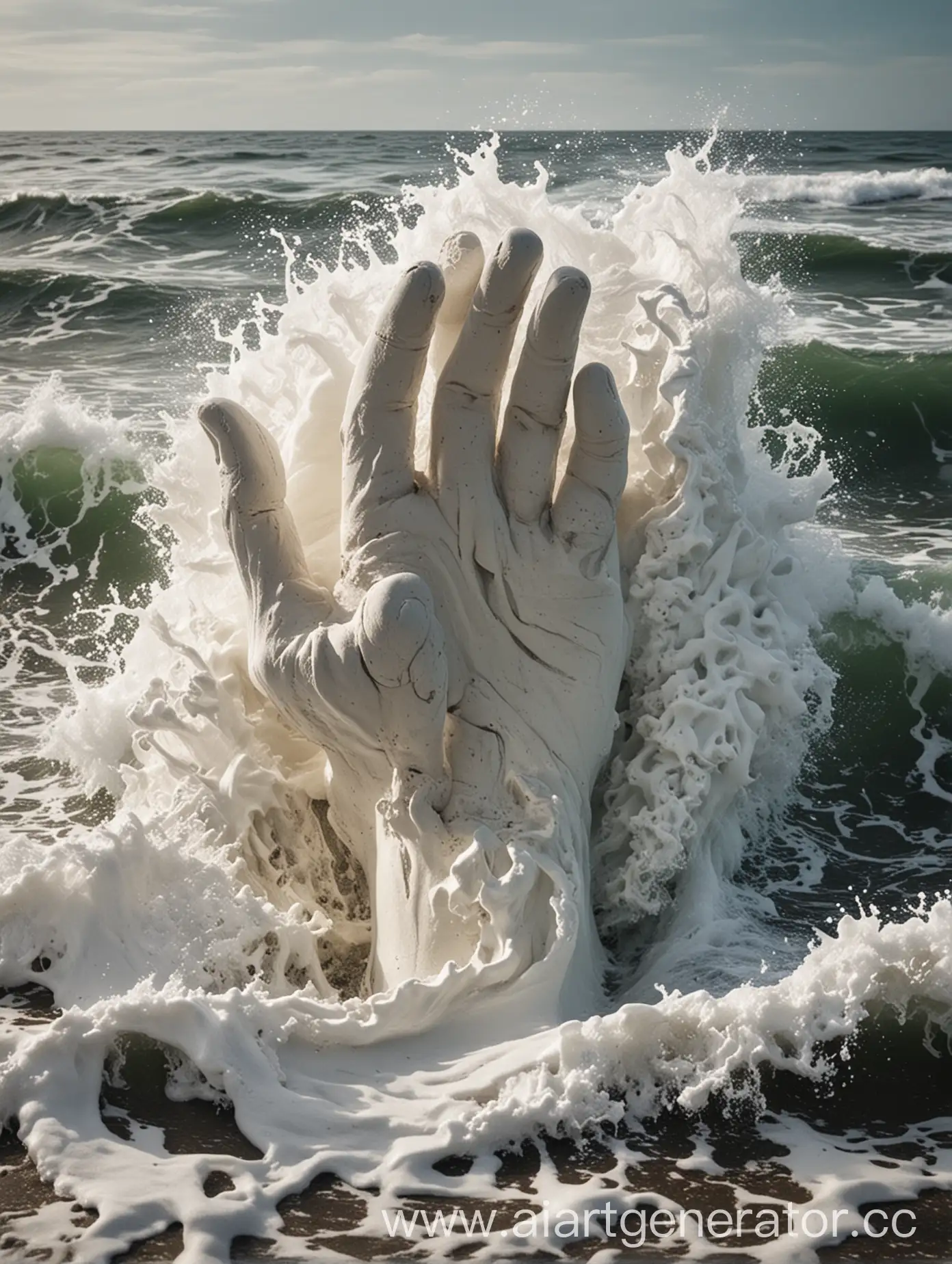 Giant-Plaster-Hand-Emerging-from-Ocean-Wave