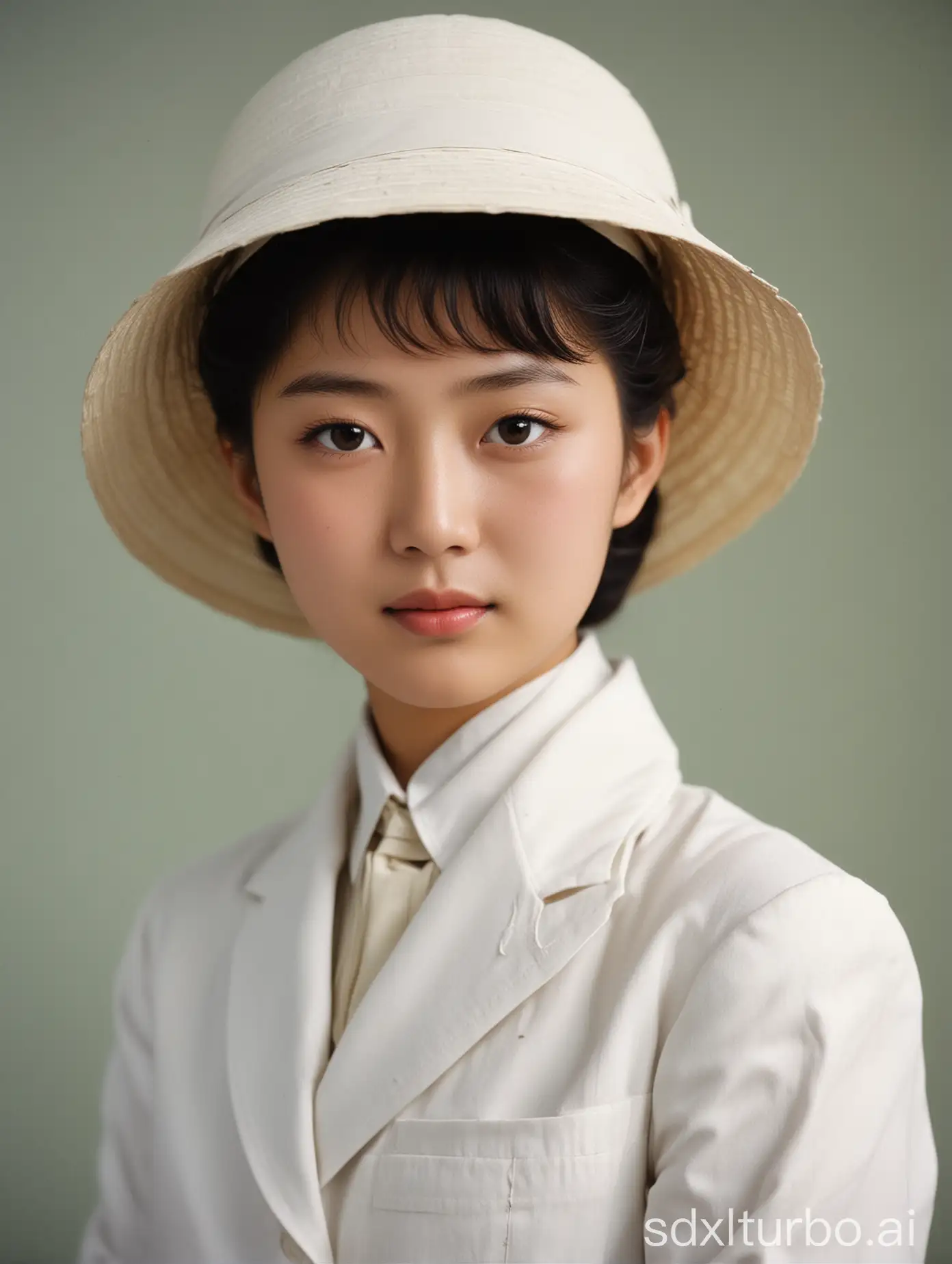 A color head photo of a 19 years old young Japanese woman in a White suit and a white pith helmet 1955