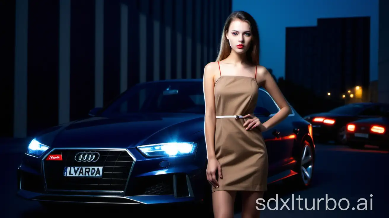 model woman 24 years old with, dressed elegant like LV, Prada light brown color dress, fully dressed, all picture at night, in a dark street, against the background of a black color audi rx, street: modern office buildings. Lighting: fluorescent - navy blue-red, neon lights