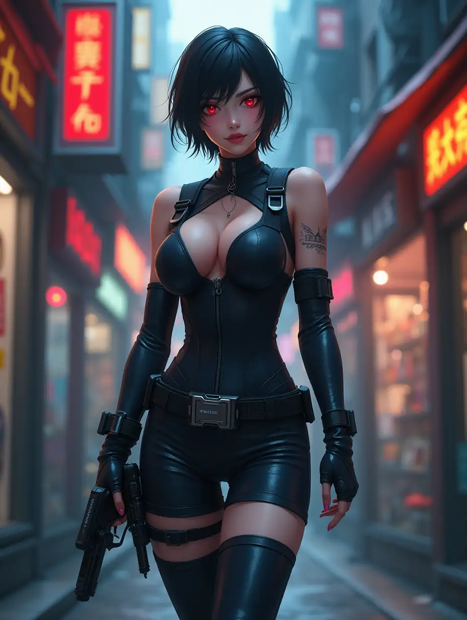 Short hair, mature Asian woman thief cyber runner in a dynamic full-length pose, eyes with red electronic pupils, large breast, extreme skintight body glove zipped down with cleavage, combat boots and combat belt. Full view of her body from boots up, low wide angle. Future store filled city alley street. Anime