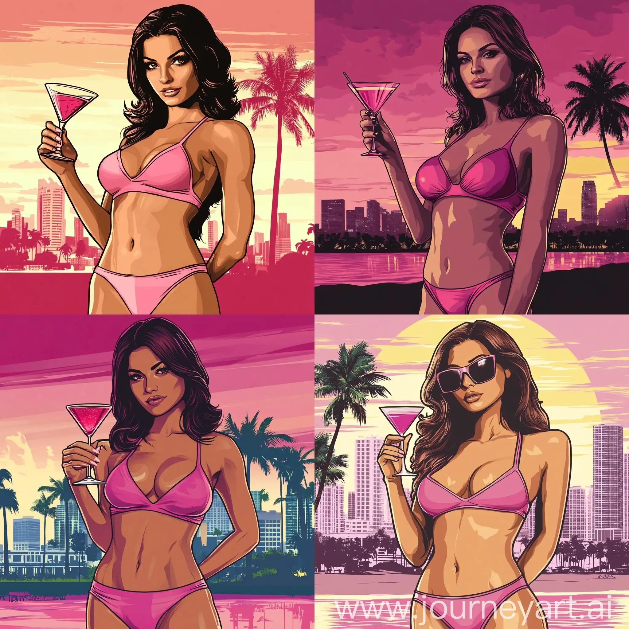 Stylish-Brunette-in-Pink-Bikini-with-Miami-Skyline-Martini-Art