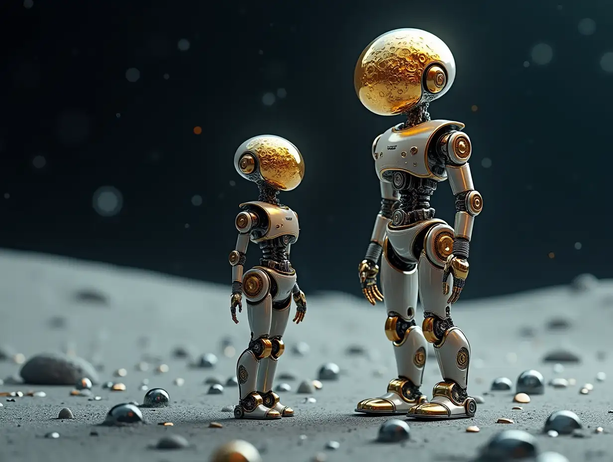 Create a high-resolution, realistic image of artificial intelligence Robert, two meters and a robot one meter high, with gears on arms and legs, gears on cheeks and a glass head with visible golden plating brain, screws with many gears, and many small glass spheres on the moon ground at 4k resolution