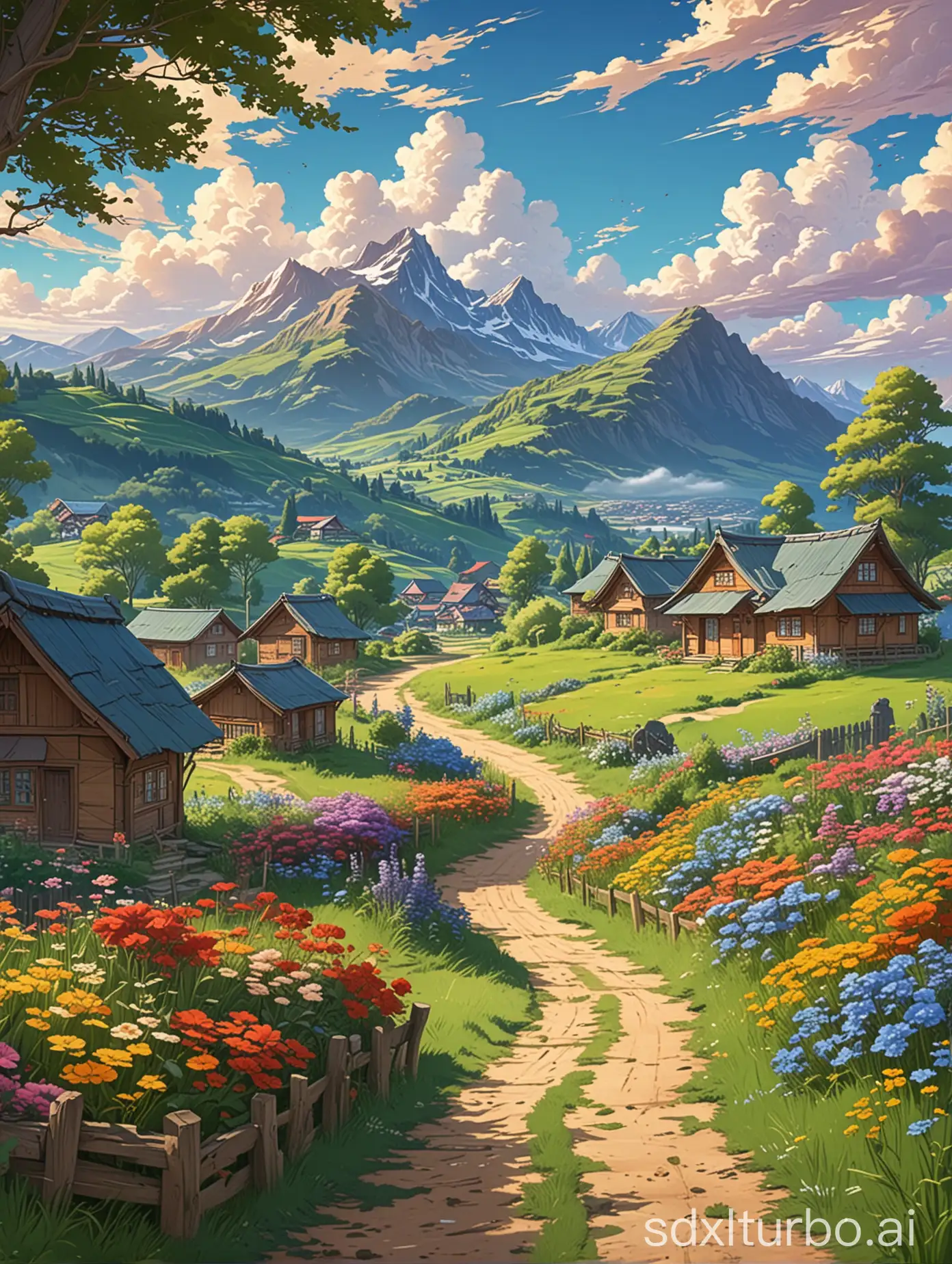 Anime-style illustration of a vibrant countryside landscape. The foreground shows a grassy dirt path lined with colorful flowers leading to wooden houses with pointed roofs. Background features green, tree-covered hills and towering mountains under a bright blue sky filled with large, circle clouds.