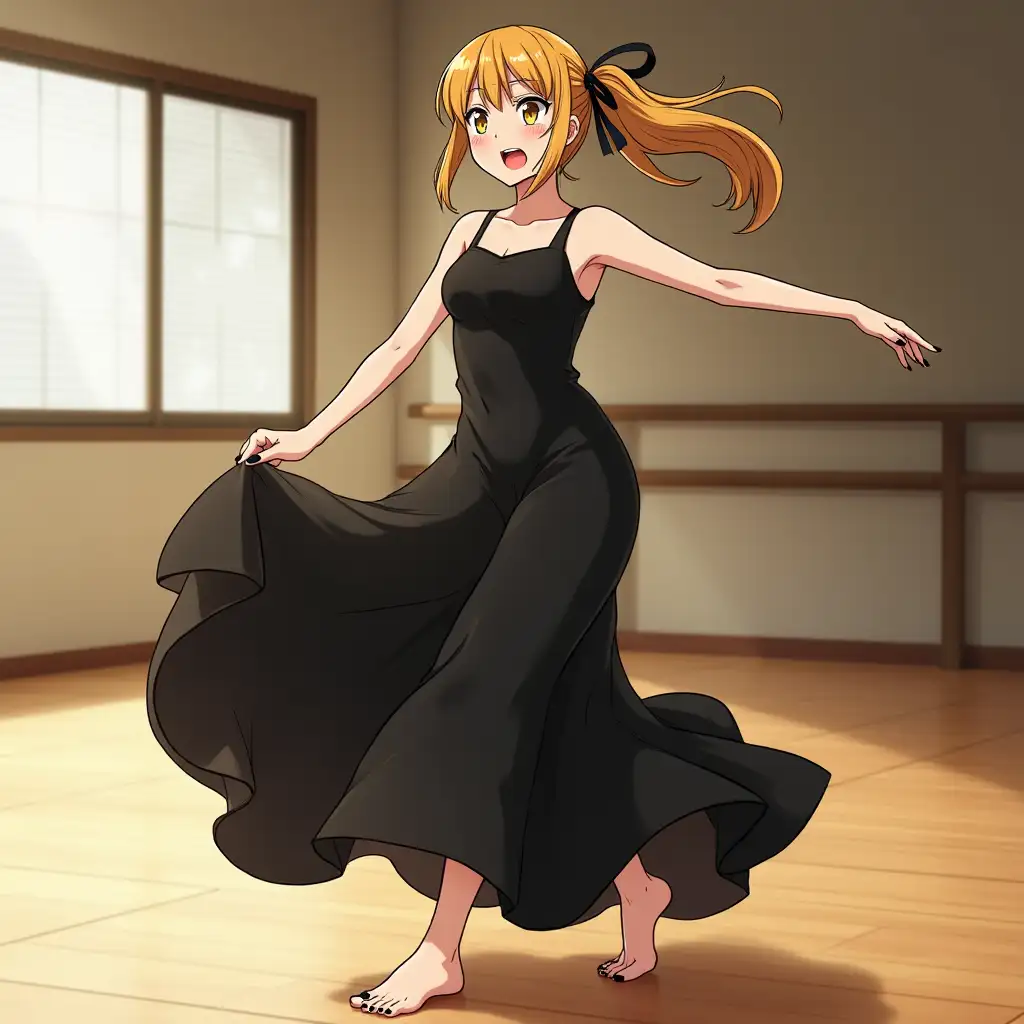 A golden hair slide, Black ponytail hair, side bangs hair, 172cm tall, 28-year-old Japanese woman, dancer, bare foot Sole, Black pedicure, dynamic, black camisole long dress, slanted eyes, yellow eyes, anime, serious face, open mouth, The robust body, dance studio