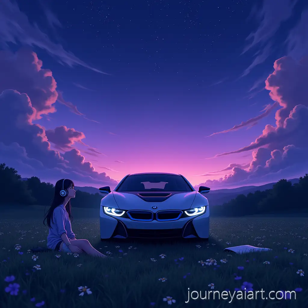 Dreamy-Anime-Girl-Relaxing-by-BMW-i8-in-Lavender-Night-Countryside