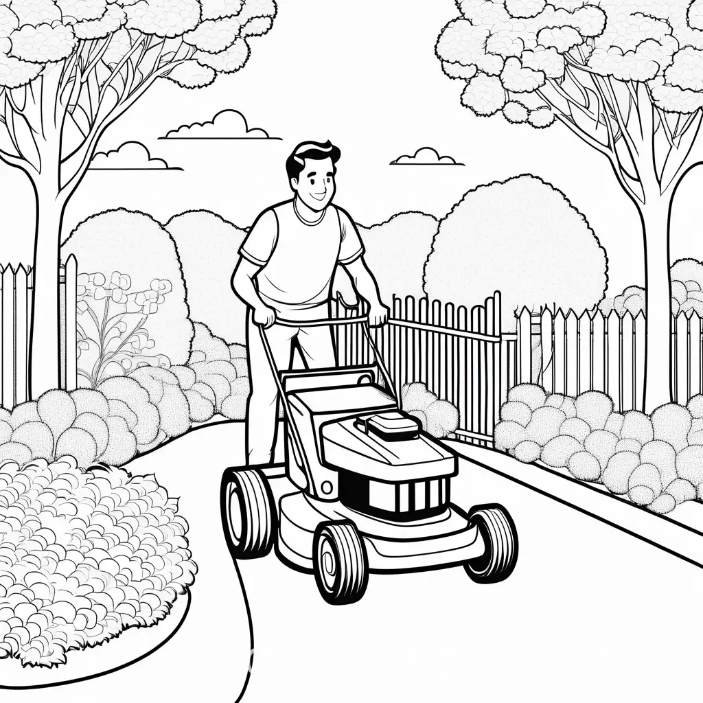 Man-Pushing-Lawnmower-in-Garden-with-Trees-Simple-Line-Art