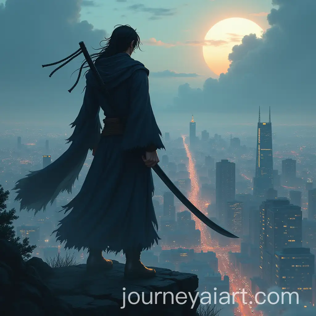 Mysterious-Anime-Male-Warrior-with-Katana-Watching-Over-City-at-Dusk