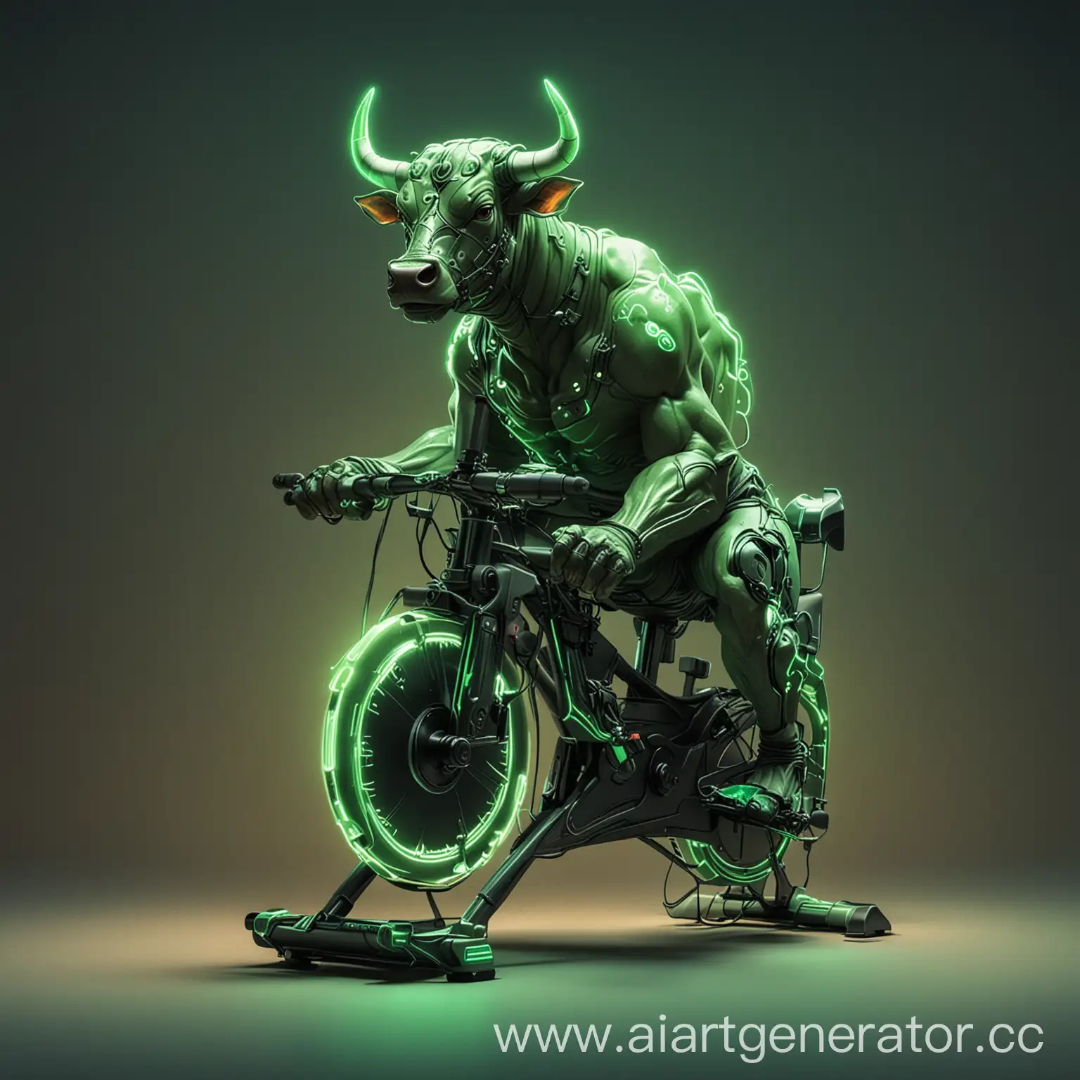 Cyberpunk style, cartoon bull in neon light green and green colors pedaling an exercise bike