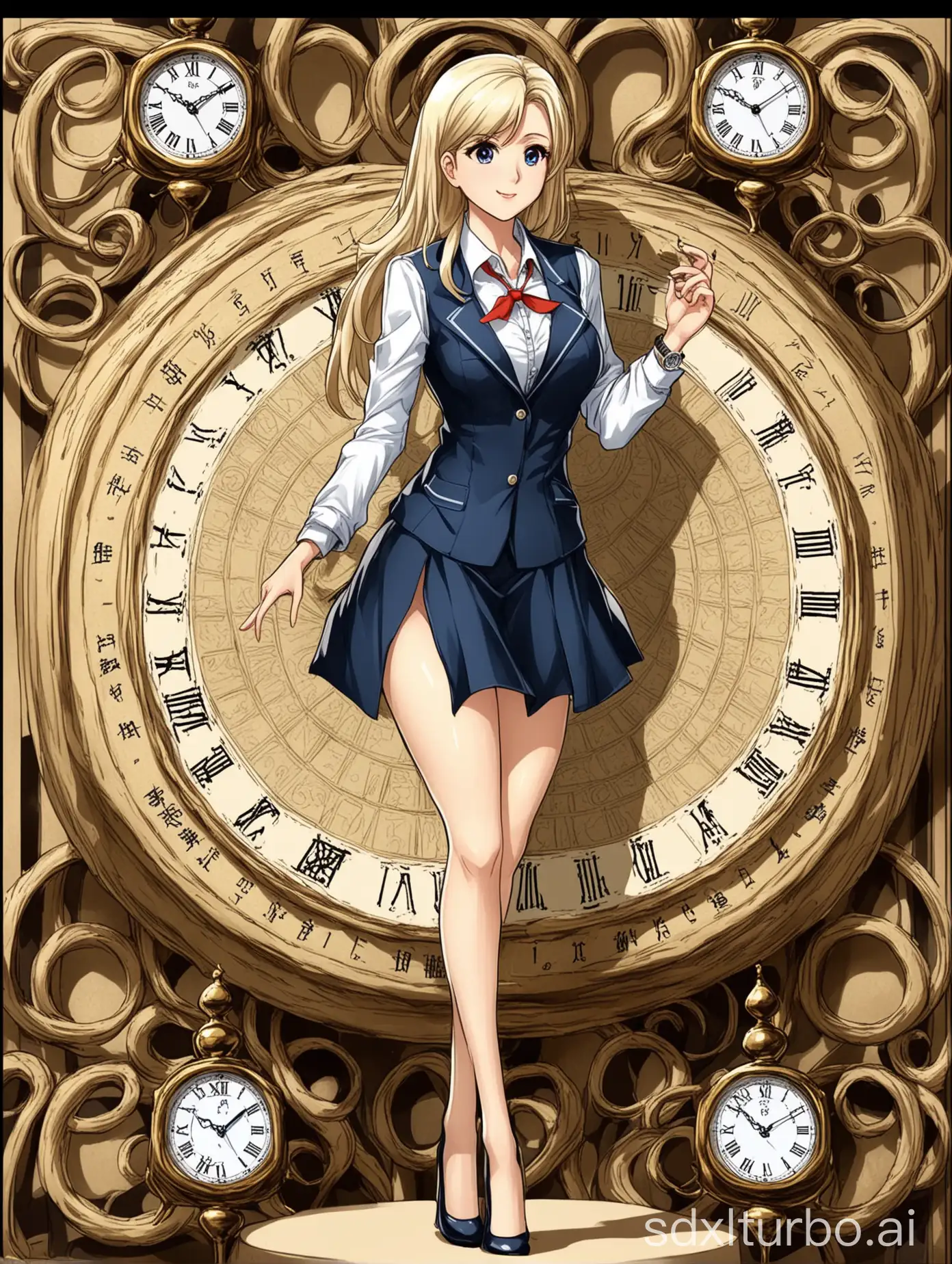 (1.5)female teacher, (1.3)professional light flirty style, (1.2)exaggerated comic proportions, (1.1)nine-bodied, (1.1)sandglass figure, ... (1.0)watch dial
