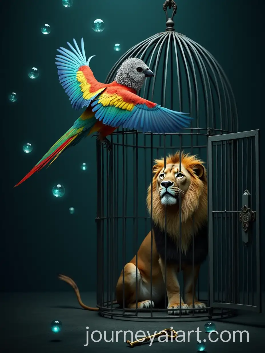 AI-Art-Prompt-ExpansionMidsize-Colorful-Bird-with-Silver-Headdress-Flying-Out-of-Cage-with-Bioluminescent-Orbs-and-Grand-Lion-Watching