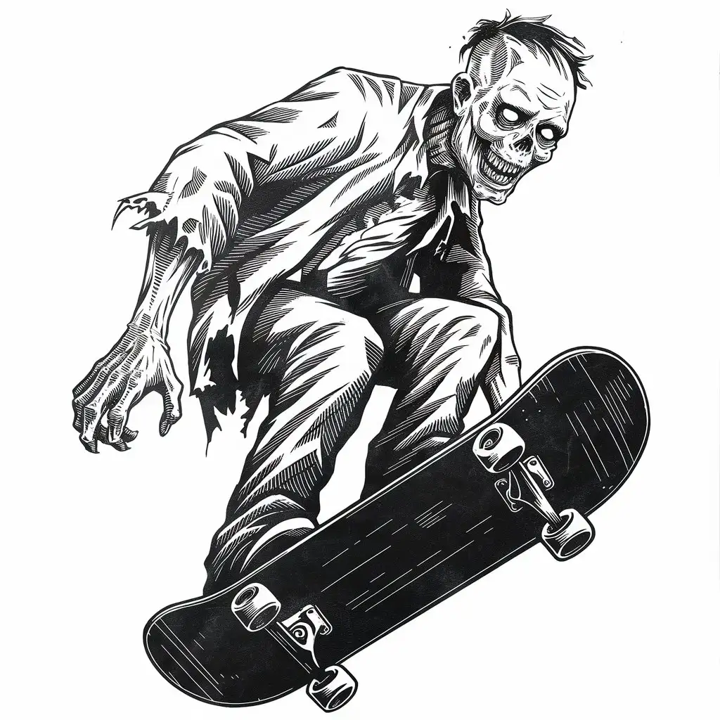 Grunge Zombie Skateboarding in Black and White Etching Style