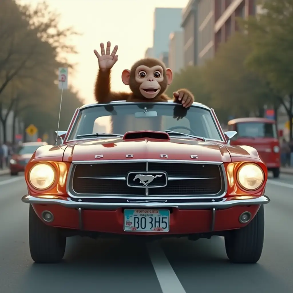 Monkey-Waving-Behind-a-Ford-Mustang-on-the-Street