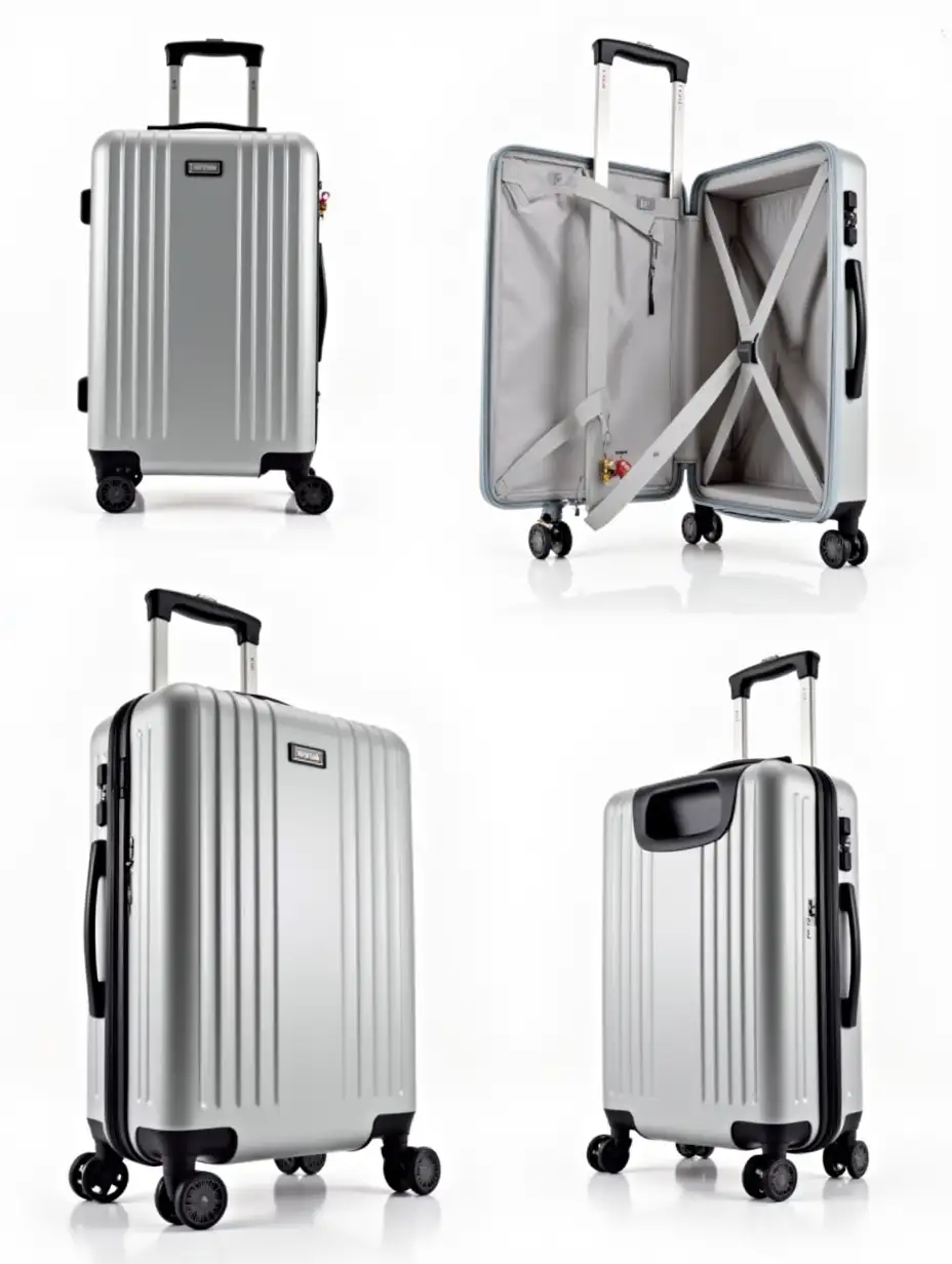 Generate a series of photographs of a suitcase size M, 1 photo suitcase, 2 photos showing that the suitcase has detachable wheels, 3 photos open suitcase, 4 photos close-up photograph of the suitcase lock, 5 photos show the telescopic handle of the suitcase