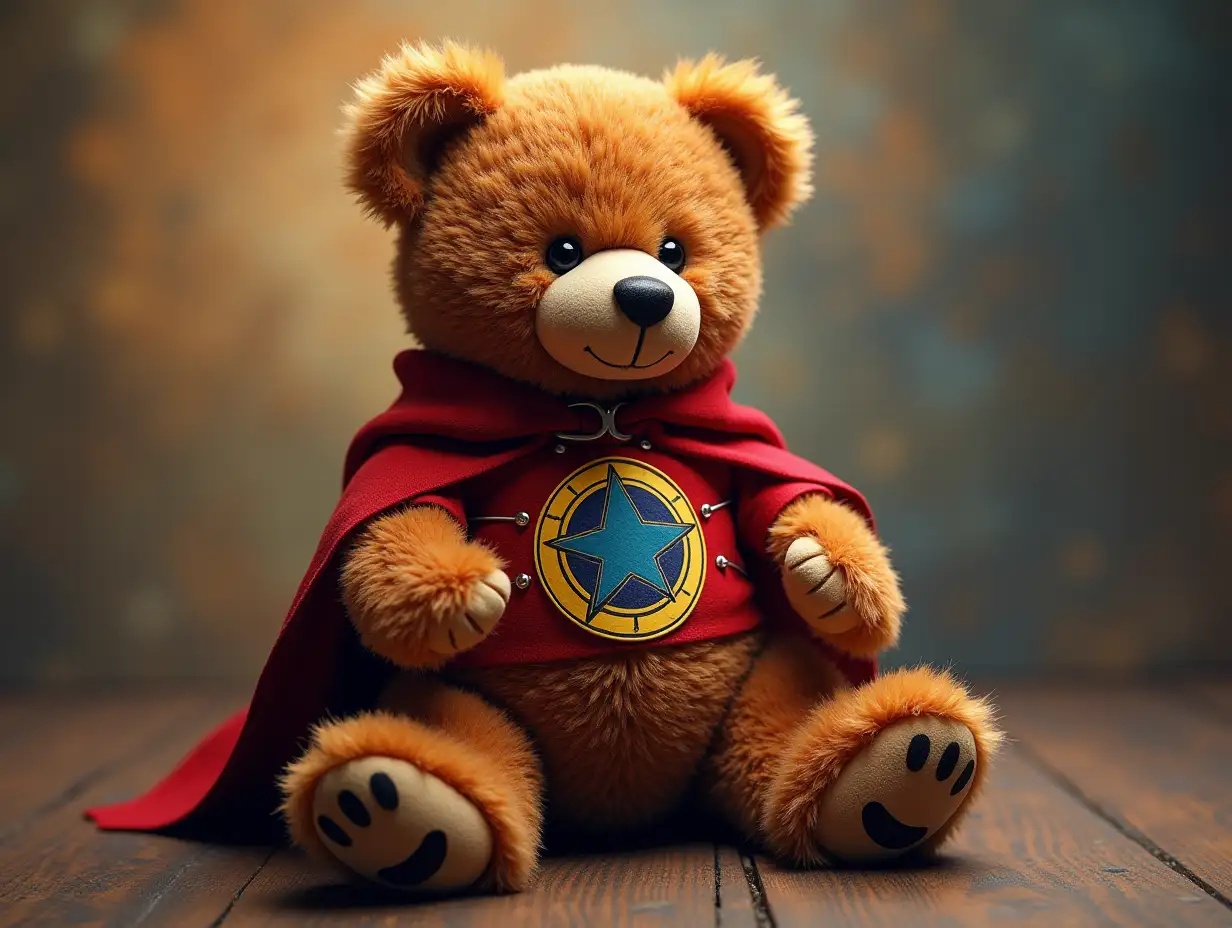 Creating a digital photo of a teddy bear with an Atom Smasher costume