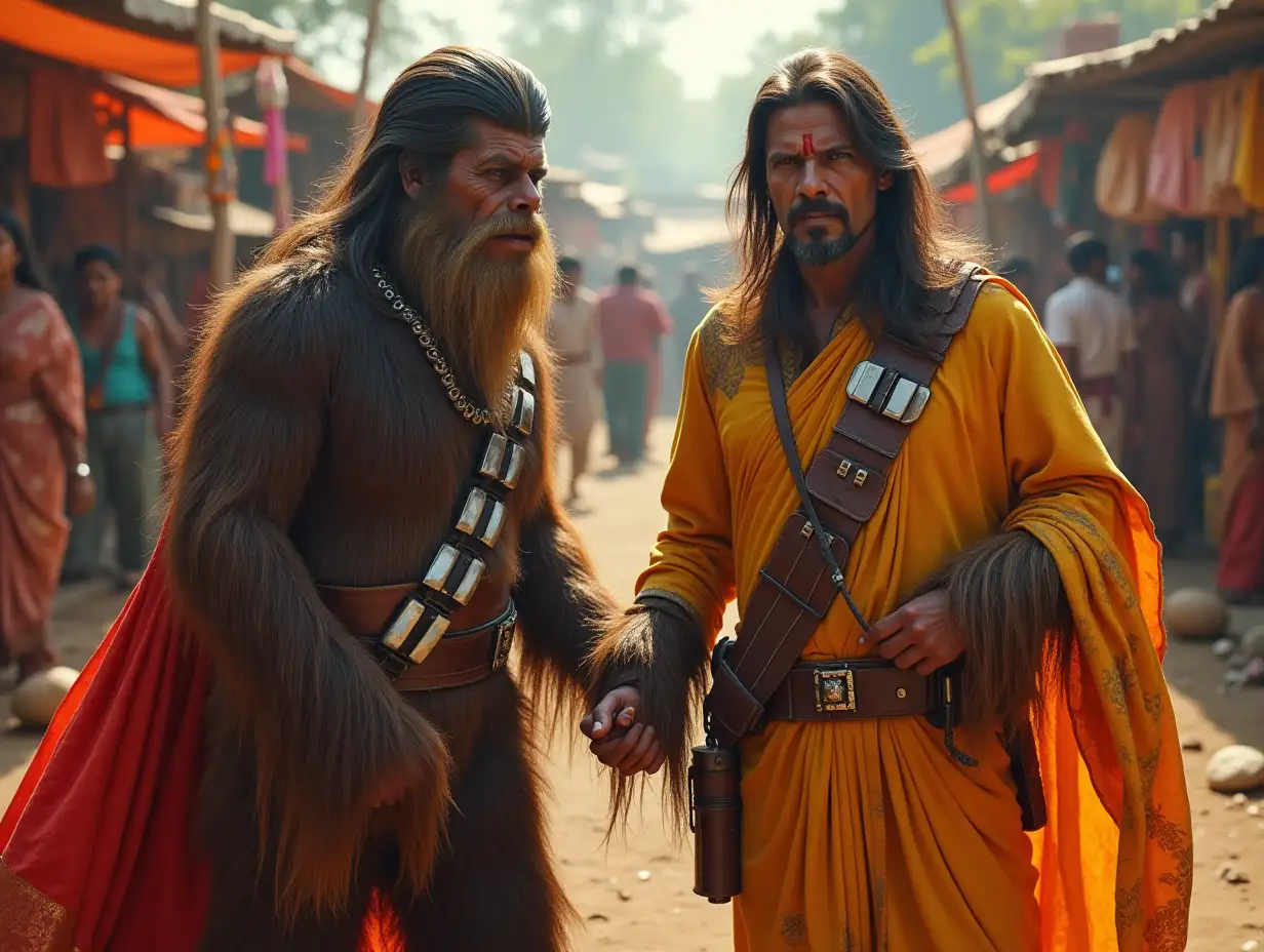 realistic image of a ridiculous Indian version of chewbacca and hans solo in an Indian market, bollywood version, very colorful, fantasy, grotesque