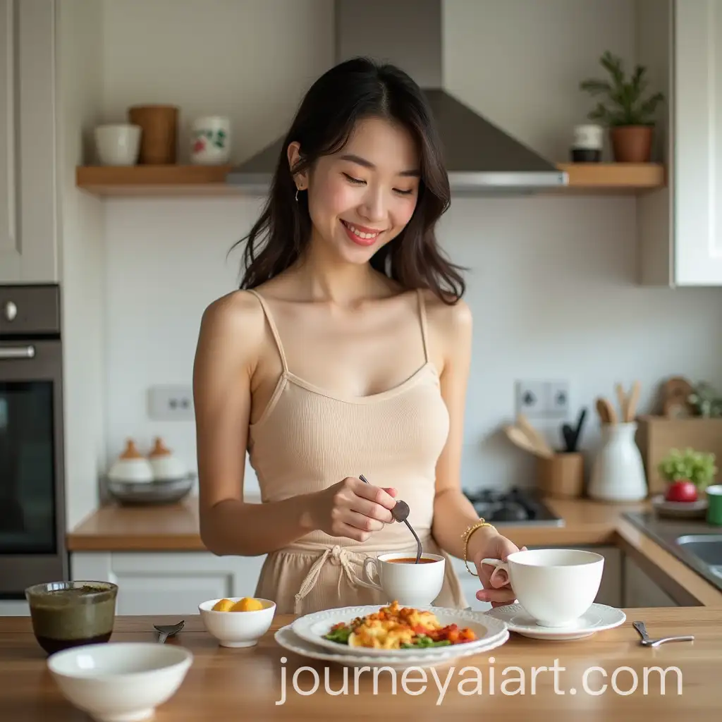 Asian-Housewife-Cooking-Breakfast-in-Cute-Dress-with-Beautiful-Hairstyle